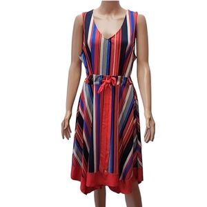 Wrapper Red black and blue striped dress sleeveless V neck Size XL‎